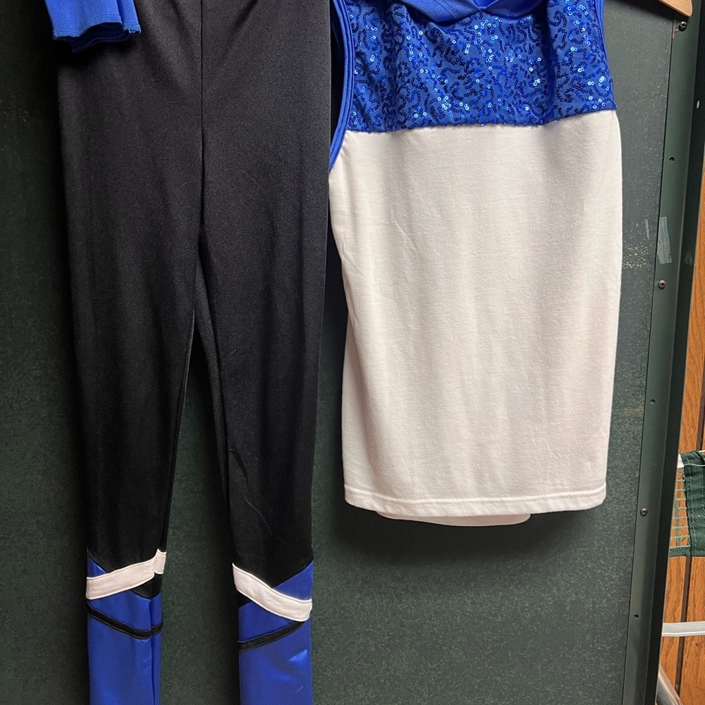 Weissman Girls Dance Costume size LC Blue White Hooded Sequins Shirt Leggings